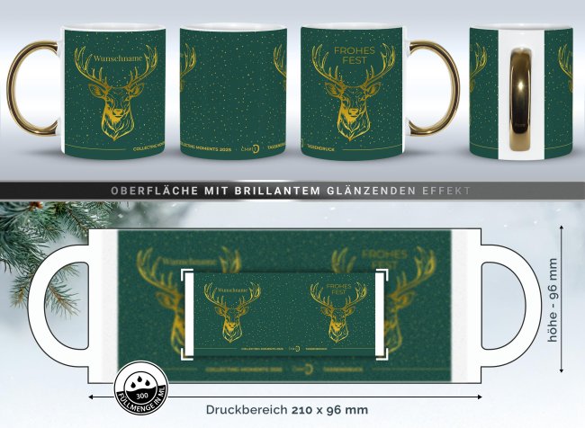 Weihnachtstasse mit Goldhenkel - Collecting Moments 2025 No. 11 - Hirsch - mit Name