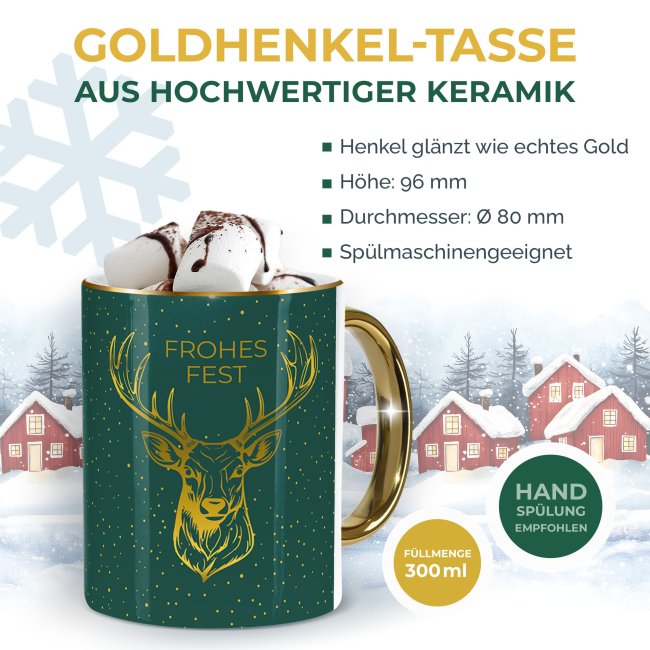 Weihnachtstasse mit Goldhenkel - Hirsch - mit Name