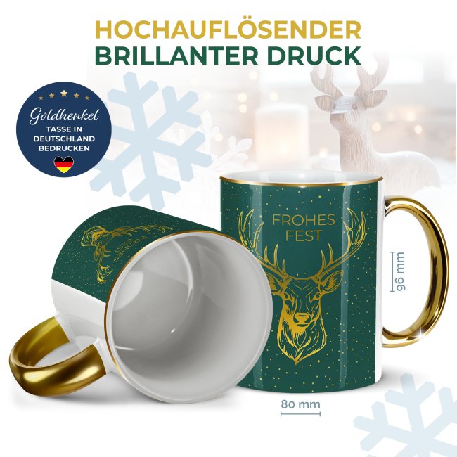Weihnachtstasse mit Goldhenkel - Hirsch - mit Name