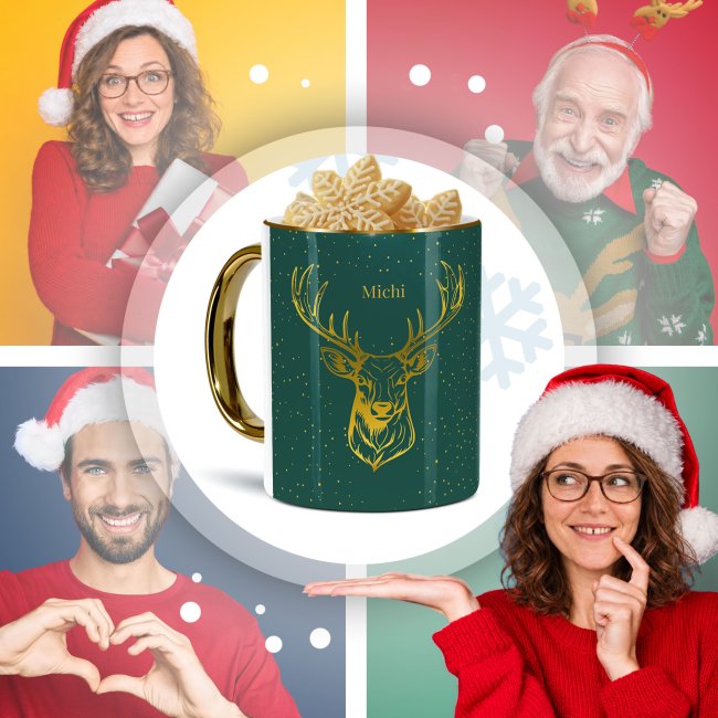 Weihnachtstasse mit Goldhenkel - Hirsch - mit Name