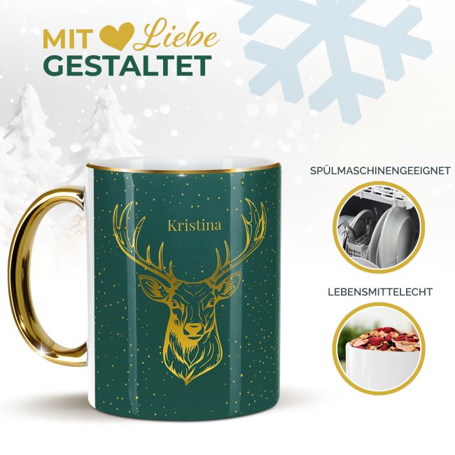 Weihnachtstasse mit Goldhenkel - Hirsch - mit Name