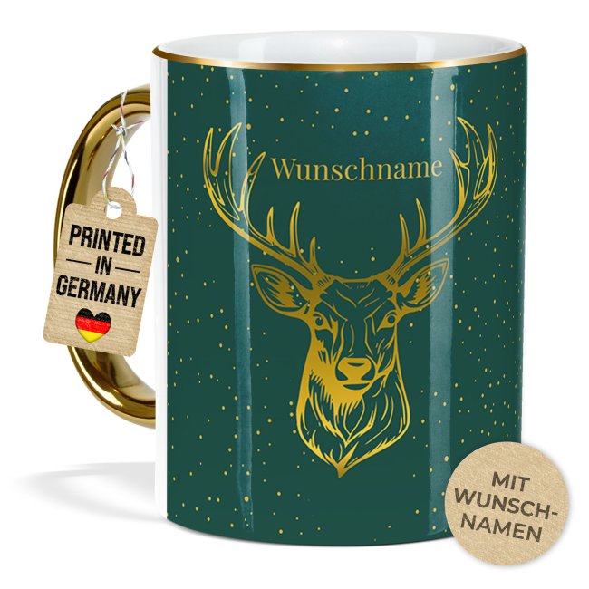 Weihnachtstasse mit Goldhenkel - Hirsch - mit Name