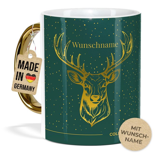 Weihnachtstasse mit Goldhenkel - Collecting Moments 2025 No. 11 - Hirsch - mit Name