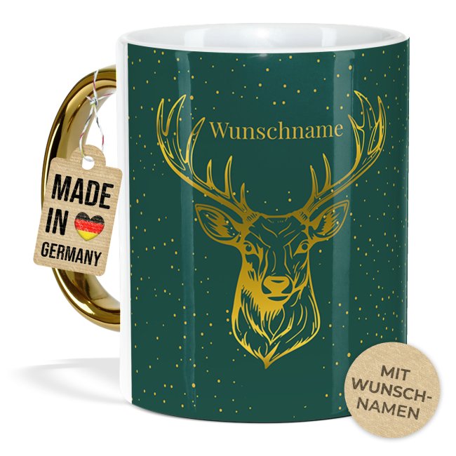 Weihnachtstasse mit Goldhenkel - Collecting Moments 2025 No. 11 - Hirsch - mit Name