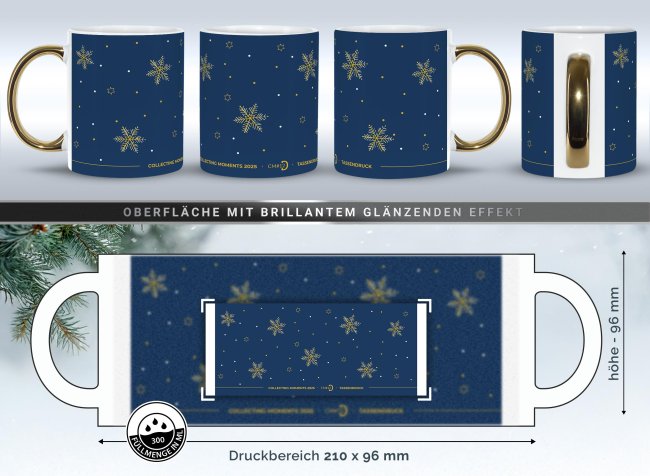 Weihnachtstasse mit Goldhenkel - Collecting Moments 2025 No. 12 - Goldene Schneeflocken