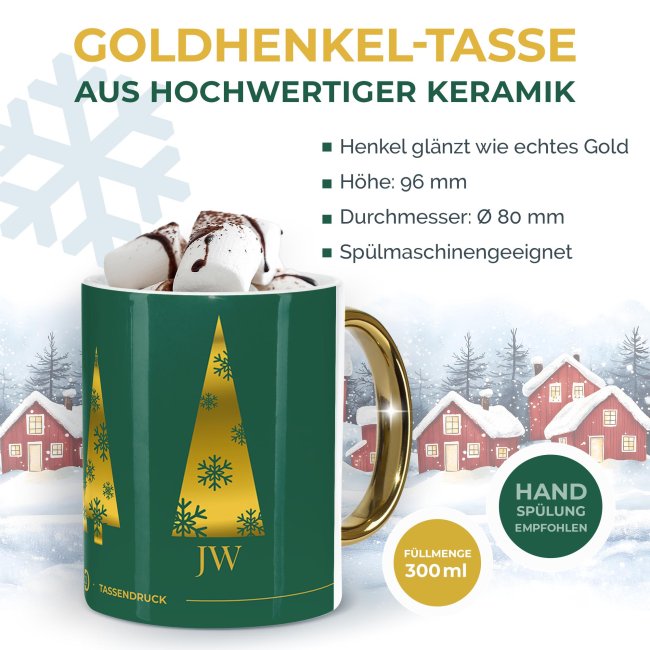Weihnachtstasse mit Goldhenkel - Collecting Moments 2025 No. 13 - Goldene B&auml;ume - mit Name