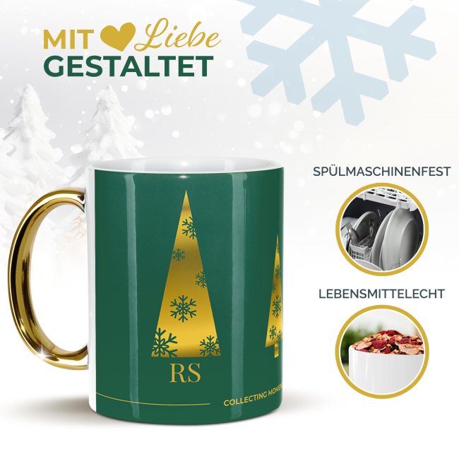 Weihnachtstasse mit Goldhenkel - Collecting Moments 2025 No. 13 - Goldene B&auml;ume - mit Name