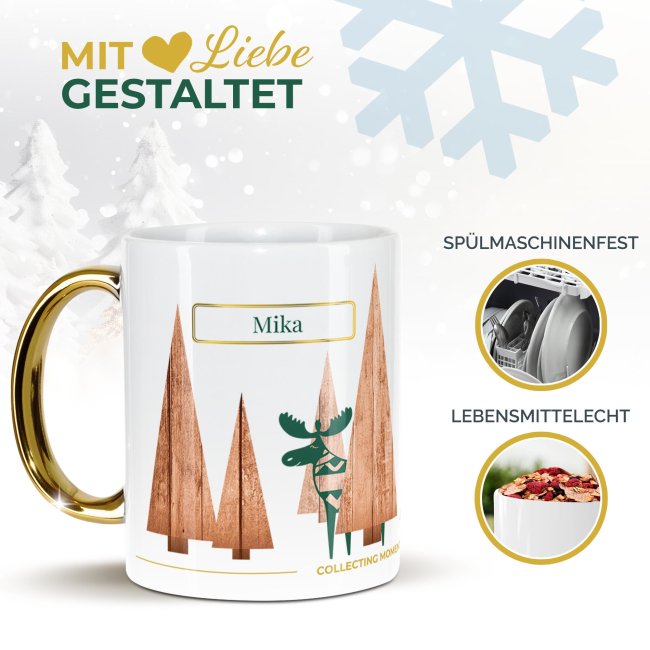 Weihnachtstasse mit Goldhenkel - Collecting Moments 2025 No. 18 - Wald - mit Name