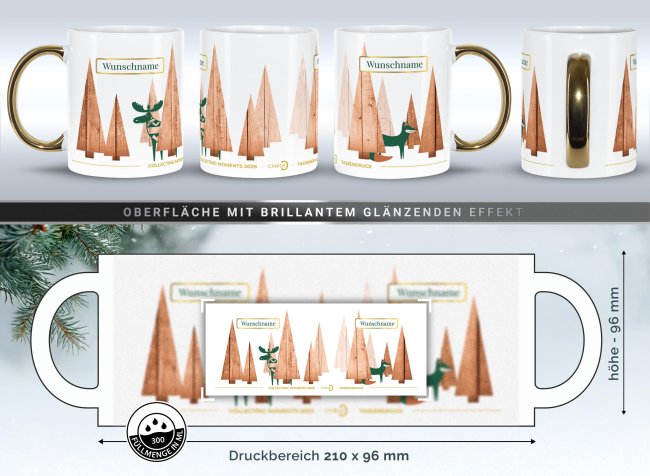 Weihnachtstasse mit Goldhenkel - Collecting Moments 2025 No. 18 - Wald - mit Name