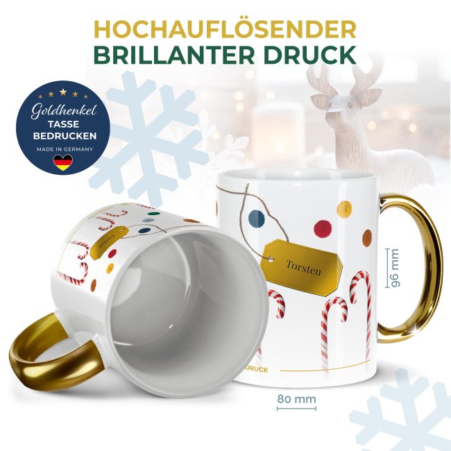 Weihnachtstasse mit Goldhenkel - Collecting Moments 2025 No. 19 - Zuckerstangen - mit Name