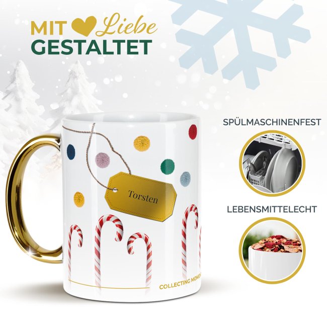 Weihnachtstasse mit Goldhenkel - Collecting Moments 2025 No. 19 - Zuckerstangen - mit Name