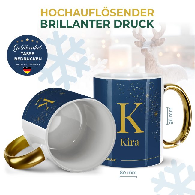 Weihnachtstasse mit Goldhenkel - Collecting Moments 2025 No. 21 - Winterzauber - mit Initiale und Name