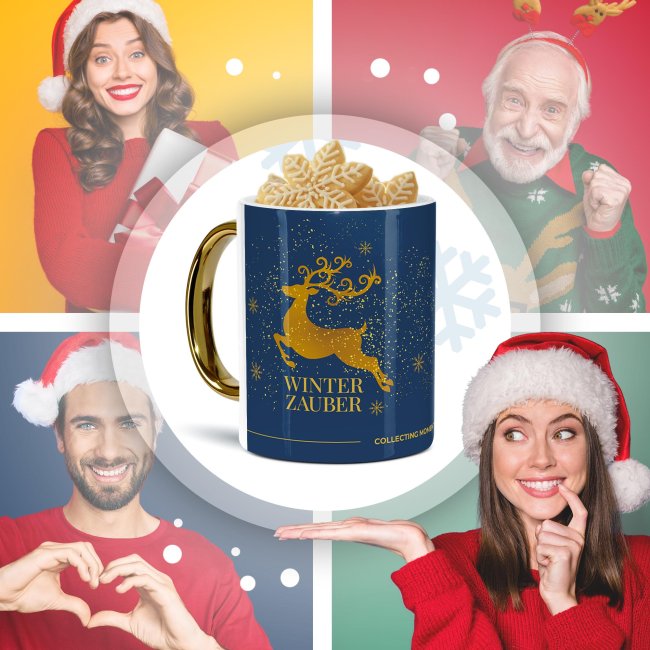 Weihnachtstasse mit Goldhenkel - Collecting Moments 2025 No. 21 - Winterzauber - mit Initiale und Name