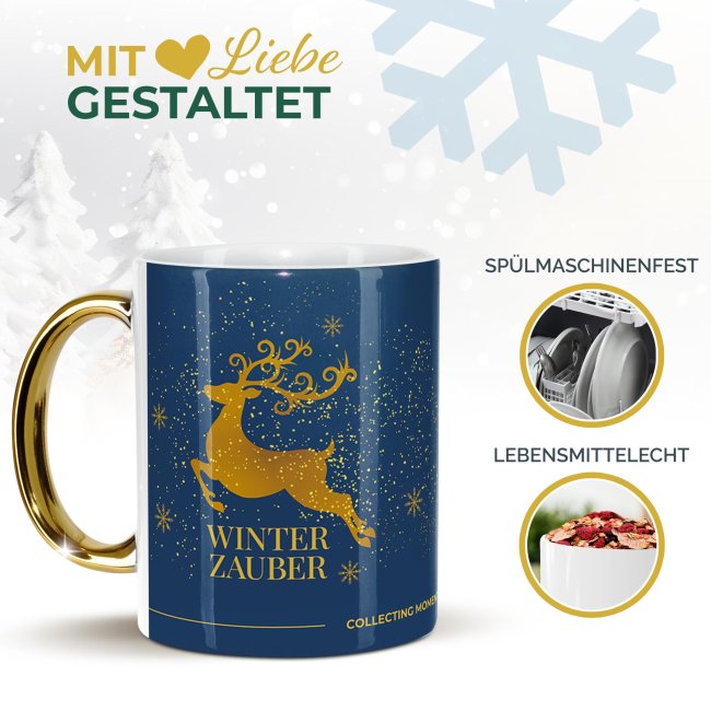 Weihnachtstasse mit Goldhenkel - Collecting Moments 2025 No. 21 - Winterzauber - mit Initiale und Name