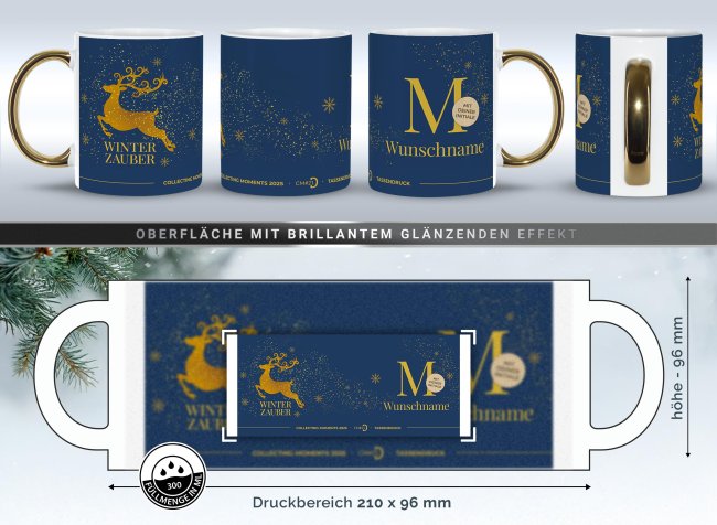 Weihnachtstasse mit Goldhenkel - Collecting Moments 2025 No. 21 - Winterzauber - mit Initiale und Name