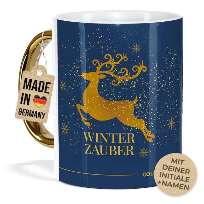 Weihnachtstasse mit Goldhenkel - Collecting Moments 2025 No. 21 - Winterzauber - mit Initiale und Name