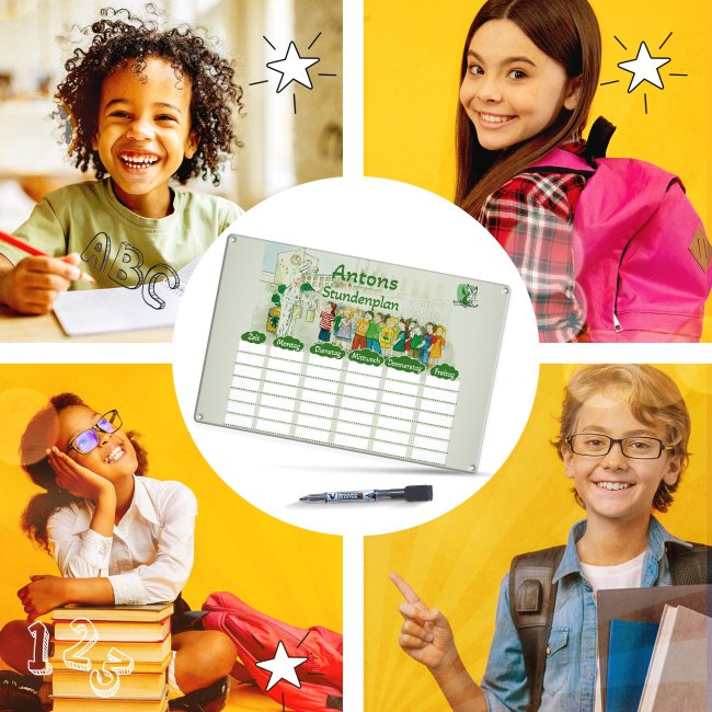 Abwischbarer Stundenplan mit Name - Seehasenfest mit Zeichnung und Logo - Metallschild magnetisch in A4 inkl. Stift