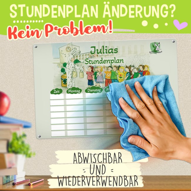 Abwischbarer Stundenplan mit Name - Seehasenfest mit Zeichnung und Logo - Metallschild magnetisch in A4 inkl. Stift