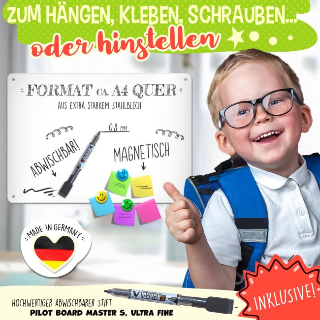 Abwischbarer Stundenplan mit Name - Seehasenfest mit Zeichnung - Metallschild magnetisch in A4 inkl. Stift