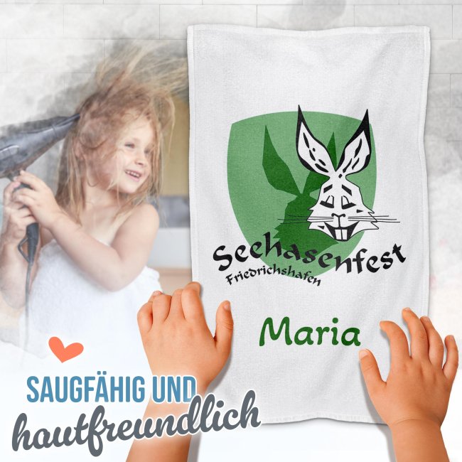 Kinder-Handtuch mit Name - Seehasenfest Logo - in 3 Gr&ouml;&szlig;en
