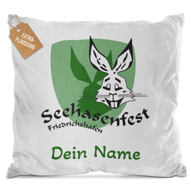 Flauschiges Kissen f&uuml;r Kinder mit Name - Seehasenfest Logo