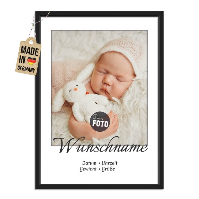 Fotodruck mit Bilderrahmen zur Geburt - mit Foto, Name, Daten - 250 g/m&sup2; Fotopapier, A4 Hochformat, schwarzer Rahmen