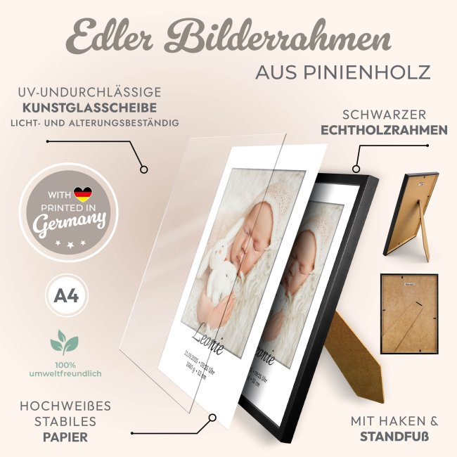 Fotodruck mit Bilderrahmen zur Geburt - mit Foto, Name, Daten - 250 g/m&sup2; Fotopapier, A4 Hochformat, schwarzer Rahmen