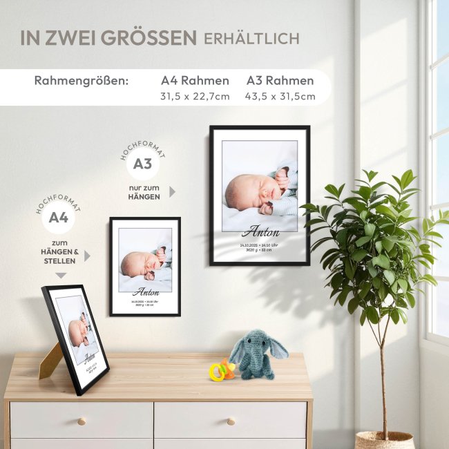 Fotodruck mit Bilderrahmen zur Geburt - mit Foto, Name, Daten - 250 g/m&sup2; Fotopapier, A4 Hochformat, schwarzer Rahmen