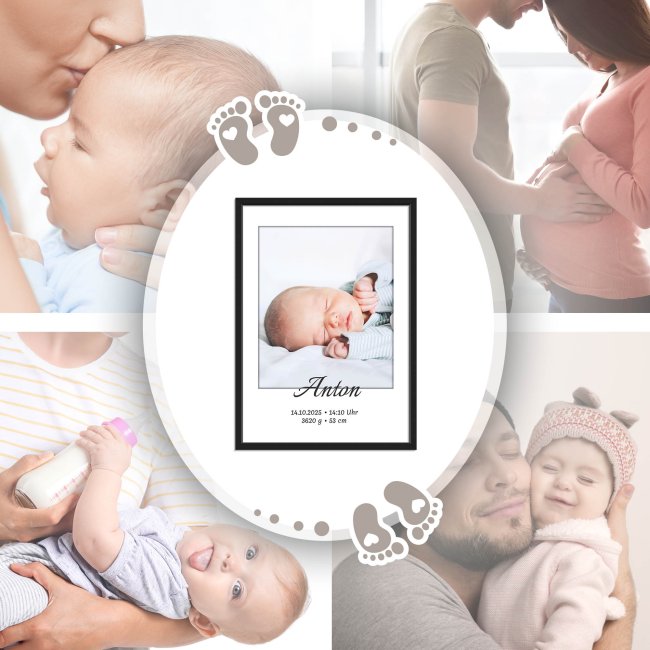 Fotodruck mit Bilderrahmen zur Geburt - mit Foto, Name, Daten - 250 g/m&sup2; Fotopapier, A4 Hochformat, schwarzer Rahmen