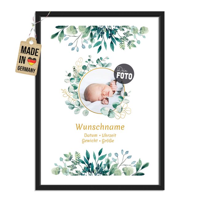 Fotodruck mit Bilderrahmen zur Geburt - Eukalyptus - mit Foto, Name, Daten - 2 verschiedene Gr&ouml;&szlig;en