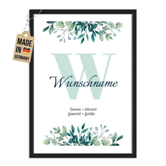 Fotodruck mit Bilderrahmen zur Geburt - Floral gr&uuml;n - mit Initiale, Name, Daten - 2 verschiedene Gr&ouml;&szlig;en