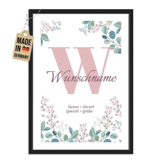 Fotodruck mit Bilderrahmen zur Geburt - Floral rosa - mit Initiale, Name, Daten - 2 verschiedene Gr&ouml;&szlig;en