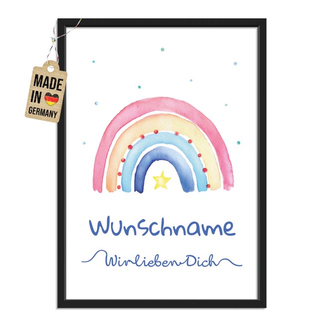 Fotodruck mit Bilderrahmen zur Geburt - Wir lieben dich - Regenbogen blau - mit Name - 2 verschiedene Gr&ouml;&szlig;en