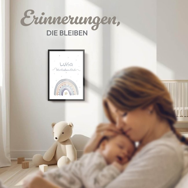 Fotodruck mit Bilderrahmen zur Geburt - Wir lieben dich - Regenbogen pastell - mit Name - 2 verschiedene Gr&ouml;&szlig;en