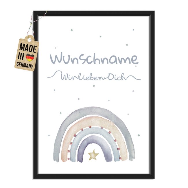 Fotodruck mit Bilderrahmen zur Geburt - Wir lieben dich - Regenbogen pastell - mit Name - 2 verschiedene Gr&ouml;&szlig;en