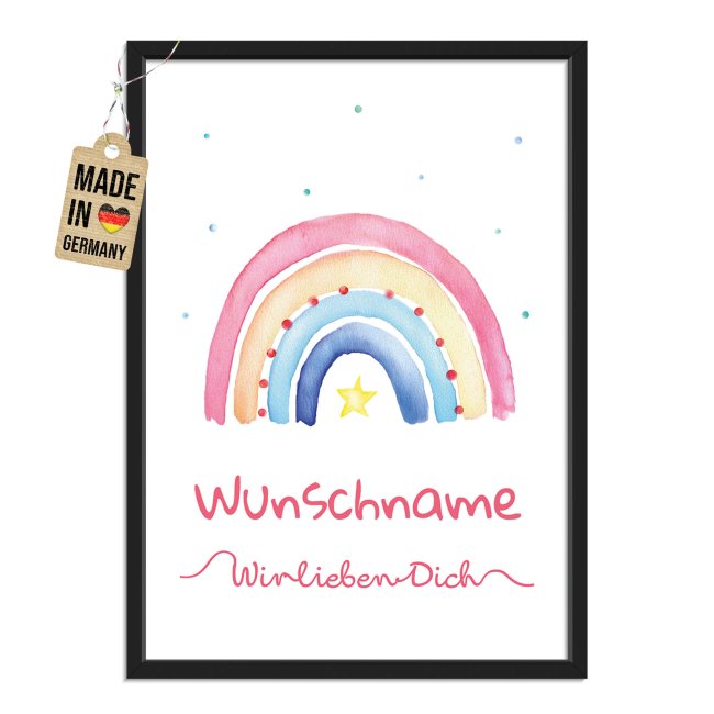 Fotodruck mit Bilderrahmen zur Geburt - Wir lieben dich - Regenbogen rot - mit Name - 2 verschiedene Gr&ouml;&szlig;en