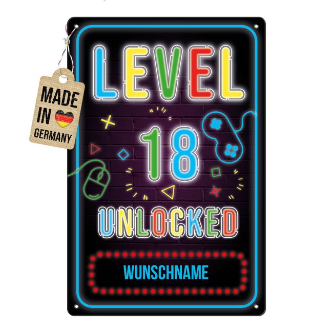 Blechschild zum 18. Geburtstag - Level unlocked - mit Name - 3 verschiedene Gr&ouml;&szlig;en im Hochformat