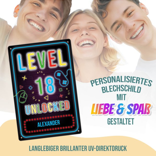 Blechschild zum 18. Geburtstag - Level unlocked - mit Name - 3 verschiedene Gr&ouml;&szlig;en im Hochformat
