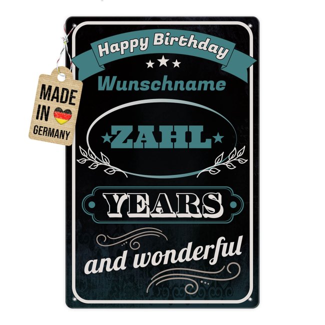 Blechschild zum Geburtstag - Happy Birthday and wonderful_ retro - mit Name &amp; Zahl - 3 verschiedene Gr&ouml;&szlig;en im Hochformat