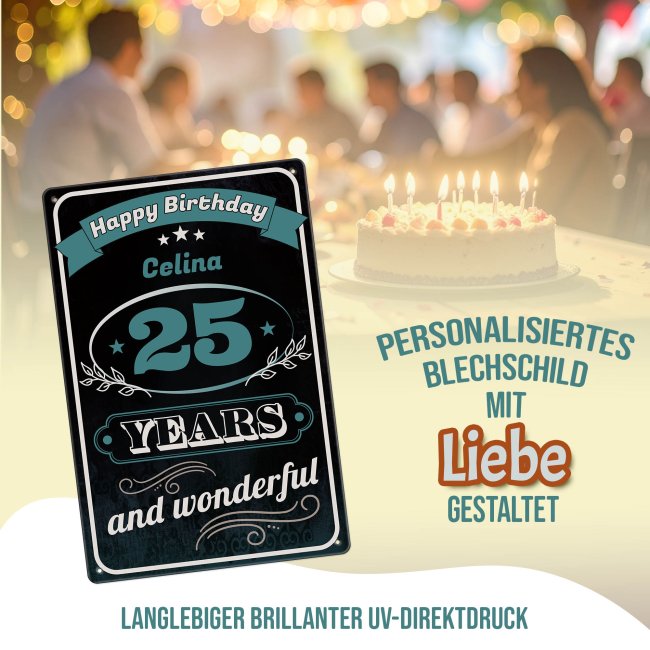 Blechschild zum Geburtstag - Happy Birthday and wonderful_ retro - mit Name &amp; Zahl - 3 verschiedene Gr&ouml;&szlig;en im Hochformat