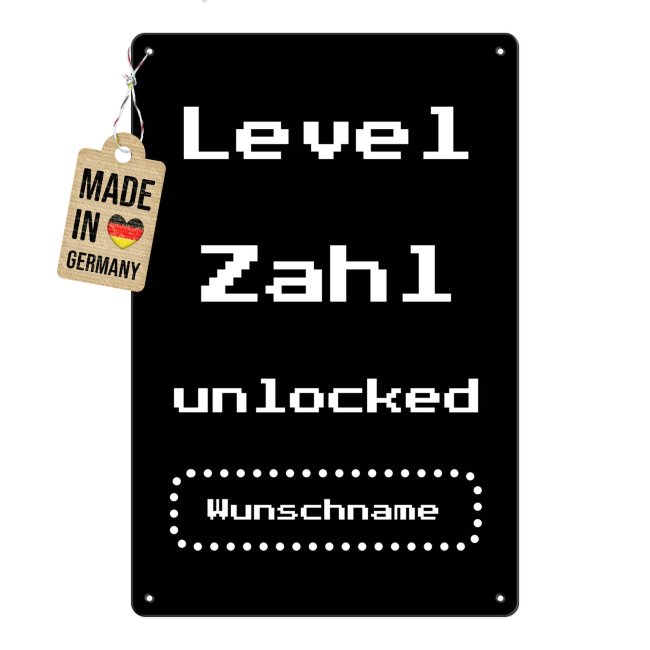 Blechschild zum Geburtstag - Level unlocked - mit Name &amp; Zahl - 3 verschiedene Gr&ouml;&szlig;en im Hochformat