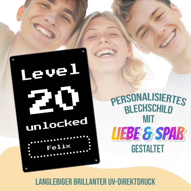 Blechschild zum Geburtstag - Level unlocked - mit Name &amp; Zahl - 3 verschiedene Gr&ouml;&szlig;en im Hochformat