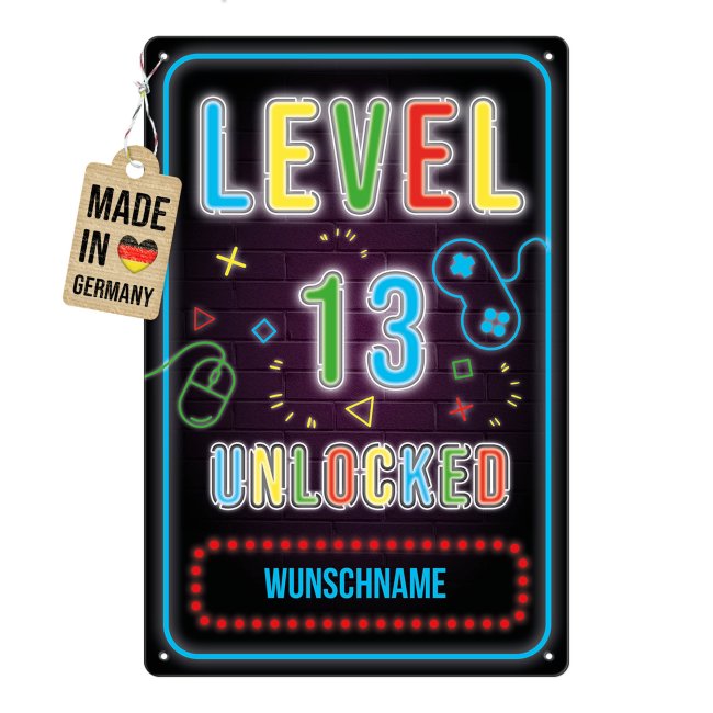 Blechschild zum 13. Geburtstag - Level unlocked - mit Name - 3 verschiedene Gr&ouml;&szlig;en im Hochformat