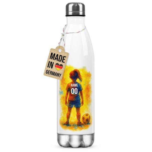 Fu&szlig;ball-Trinkflasche f&uuml;r M&auml;dchen - Retro M&auml;dchen - mit Name &amp; Nummer