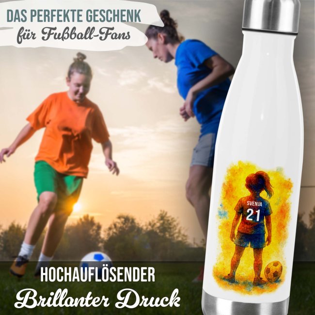 Fu&szlig;ball-Trinkflasche f&uuml;r M&auml;dchen - Retro M&auml;dchen - mit Name &amp; Nummer
