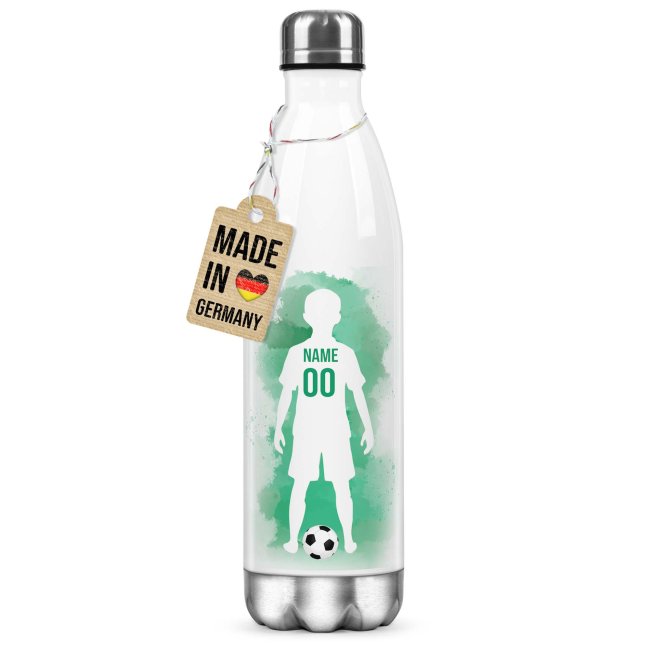 Fu&szlig;ball-Trinkflasche f&uuml;r Jungen - Fu&szlig;baller gr&uuml;n - mit Name &amp; Nummer