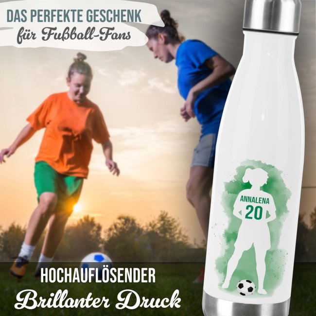 Fu&szlig;ball-Trinkflasche f&uuml;r M&auml;dchen - Fu&szlig;ballerin gr&uuml;n - mit Name &amp; Nummer
