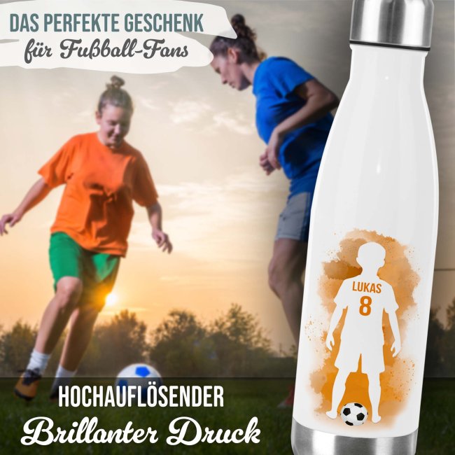 Fu&szlig;ball-Trinkflasche f&uuml;r Jungen - Fu&szlig;baller orange - mit Name &amp; Nummer