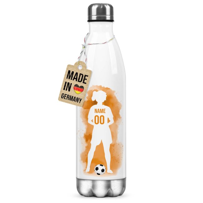 Fu&szlig;ball-Trinkflasche f&uuml;r M&auml;dchen - Fu&szlig;ballerin orange - mit Name &amp; Nummer