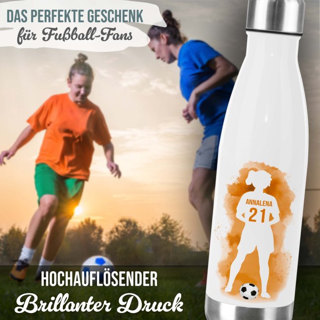 Fu&szlig;ball-Trinkflasche f&uuml;r M&auml;dchen - Fu&szlig;ballerin orange - mit Name &amp; Nummer
